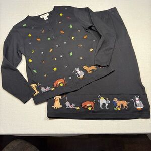 Bechamel Black 2pc Set w/Cat, Dog, Leaf & Paw Print Embroidery - Top S Skirt M